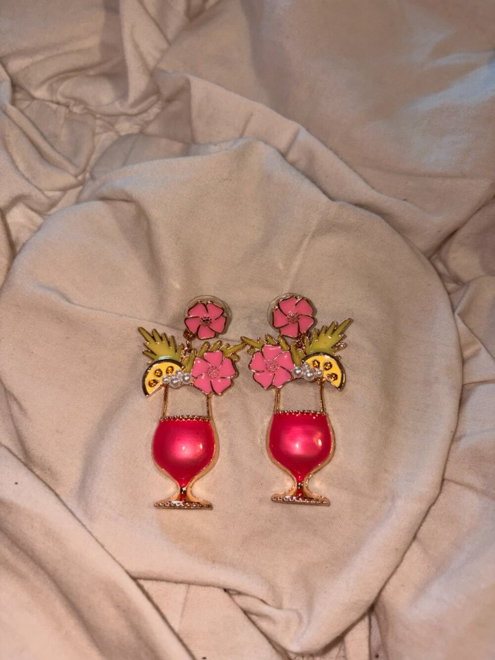 Free People Gold Pink Tropical Cocktail Drink Drop Earrings Hibiscus